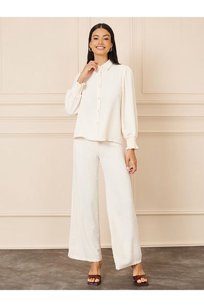 Styli Dobby Smock Cuff Sleeves Blouse and Wide Leg Pant Set