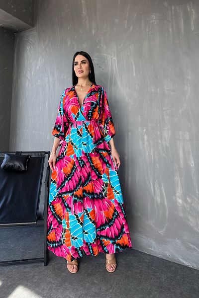 kamacibutik Țesătură din viscoză - Rochie de vară cu guler dublu cu imprimeu floral, cu detaliu cu fante
