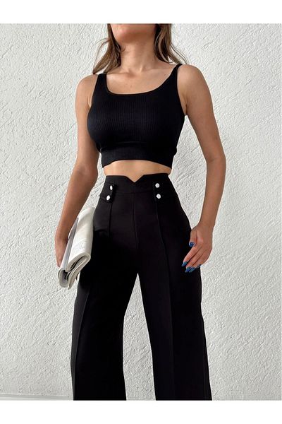 H&A İSTANBUL Women's High Waist Palazzo Button Detail Slim Fit Calip Trousers