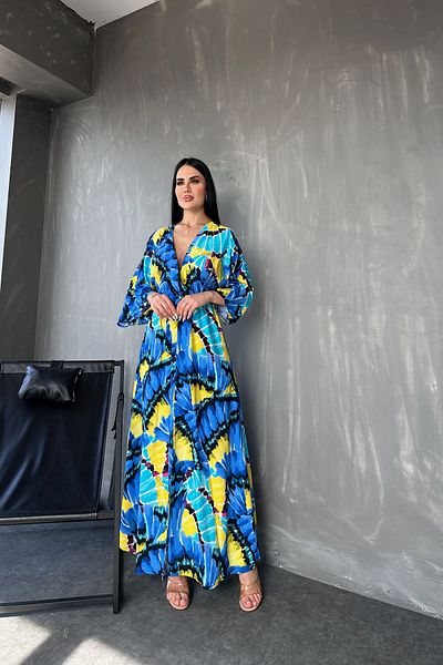 kamacibutik Țesătură din viscoză - Rochie de vară cu guler dublu cu imprimeu floral, cu detaliu cu fante