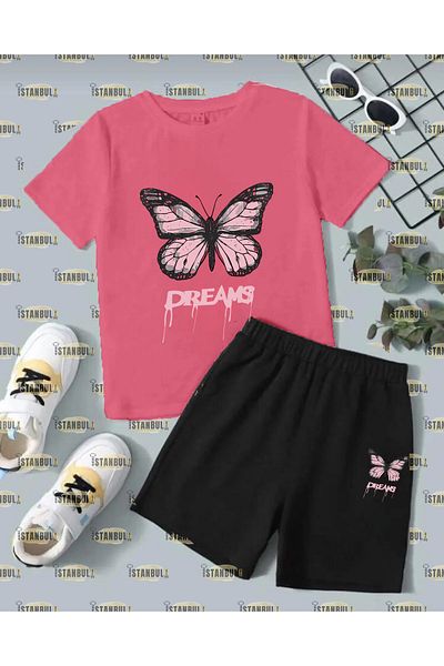 aynewmoda Set de tricou și pantaloni scurți cu imprimeu fluture roz