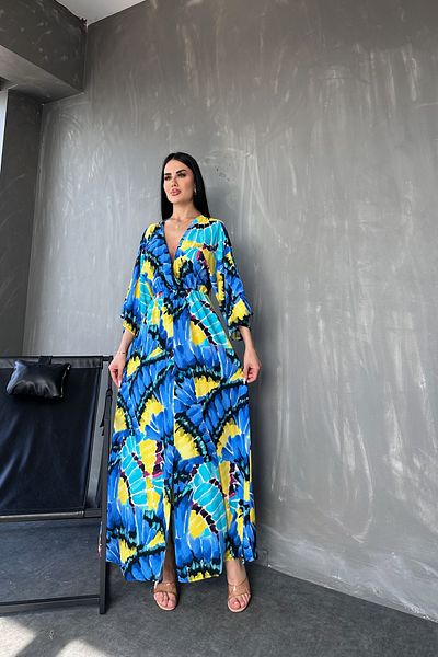 kamacibutik Țesătură din viscoză - Rochie de vară cu guler dublu cu imprimeu floral, cu detaliu cu fante