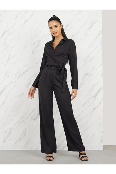 Styli Collared Wrap Top and Wide Leg Pant Set