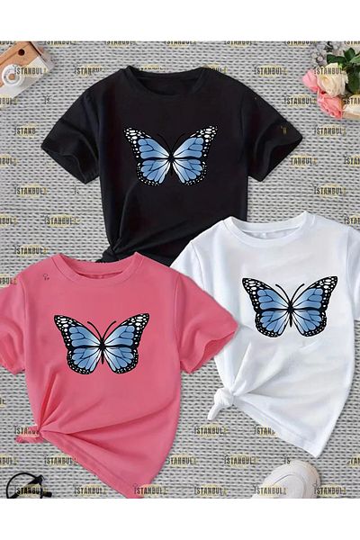 aynewmoda Комплект тениска и шорти с щампа на синя пеперуда