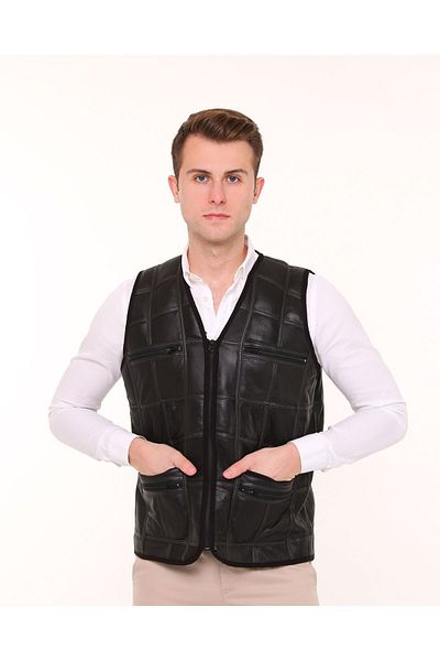 tahiroğlu deri Genuine Leather Fur Lined Men's Bias Vest