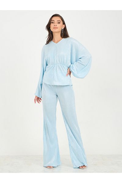 Styli Plisse Peplum Top and Straight Leg Pant Set