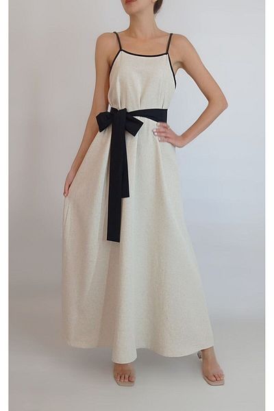 oyagüler Ecru Black Linen Dress - Straps and Belted, A-Line YY101119