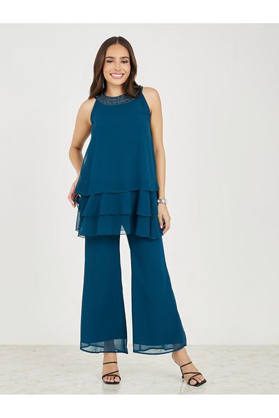 Styli Layered Chiffon Sleeveless Long Top & Flared Pants Co-Ords