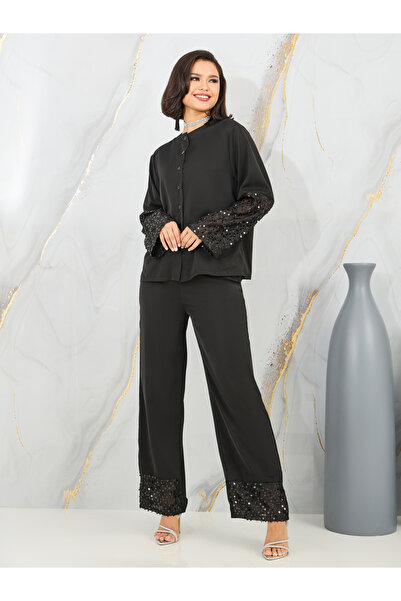 Styli طقم قميص وأكمام مزينة بالترتر وبنطلون بأرجل واسعة