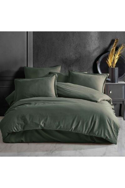 DENİZLİ ÇEYİZ Clasy Double Striped Satin Duvet Cover Set Khaki