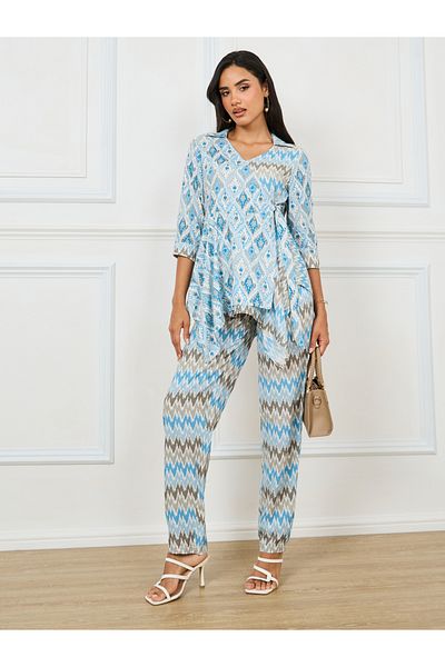 Styli Asymmetric Hem All Over Print Top & Pants Set