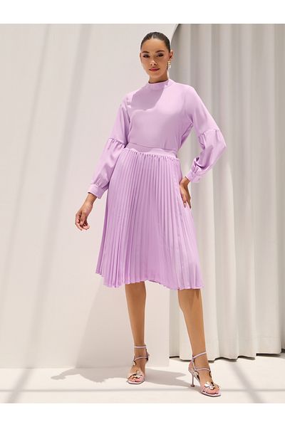 Styli Solid High Neck Top & Pleated Skirt Co-Ords