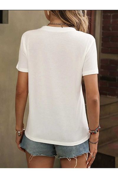 WOODROFFE Tricou supradimensionat alb cu decolteu în V cu pene - Femei / Fete, Loose Boyfirend
