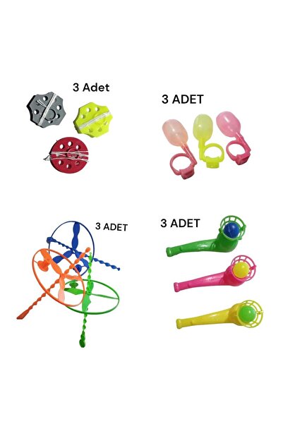 GenelTedarik Nostalji Eğitici Oyuncaklar - 3'er Adet Ufo daire, üflemeli top, ipli Fırfır, Su Yüzüğü