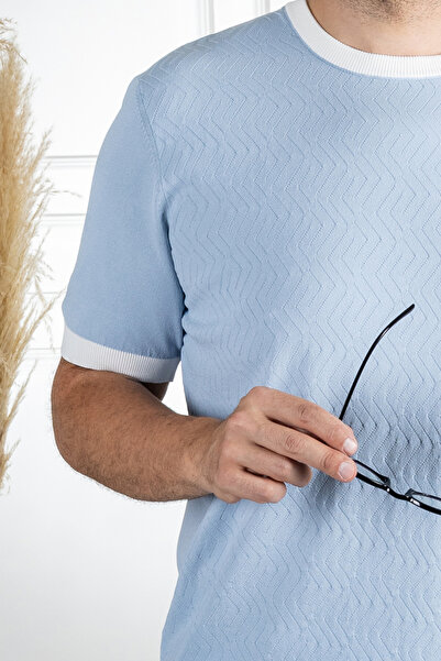 Sarar Тонкий трикотажний синій футболка - 0 комір, комбінований віскозний сар