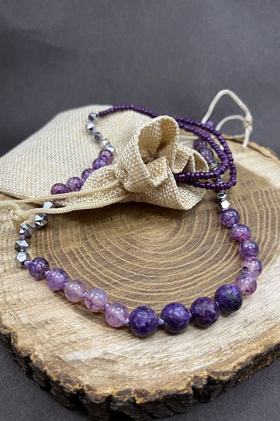 Balzamin Design Long Model Hematite Detailed Natural Jade and Agate Stone Natural Stone Necklace Handmade Purple Mala Necklace