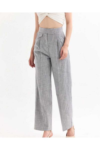 ubmbutik High Waist Linen Women's Trousers - Velcro Palazzo Cut
