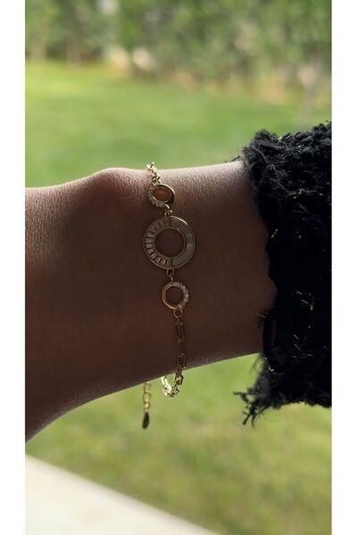 Zirkon Taşlı Gold Renk 925 Ayar Gümüş Bileklik