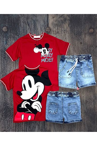 yns coolstar Mickey Patterned 2-Piece Set - T-Shirt and Denim Shorts