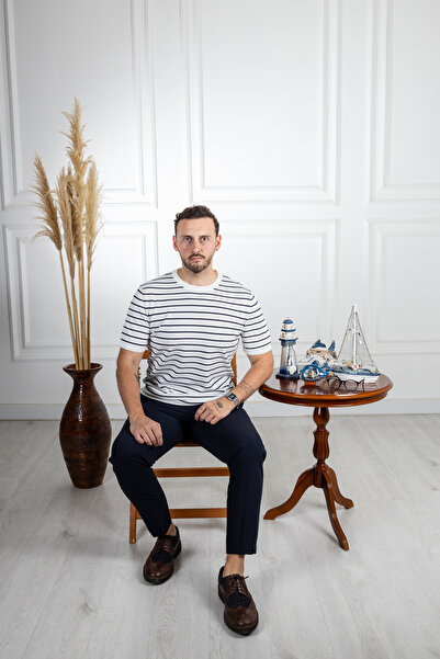 Sarar 0 Πλεκτό με ριγέ γιακά από ρεγιόν - Λευκό μπλουζάκι Navy Blue