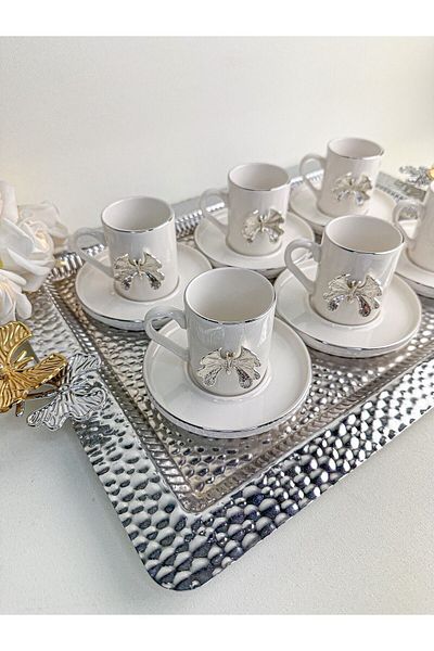 WERONY BUTTERFLY FIGURED PLATINUM STAR PORCELAIN 6 PERSON COFFEE SET