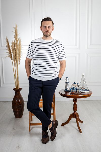 Sarar 0 Collar Striped Rayon Knitwear - White Navy Blue T-Shirt