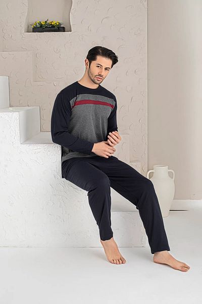 Huq Moda Ανδρικό σετ πιτζάμες με μακρυμάνικο καπνιστό μπλε ναυτικό χτενισμένο βαμβακερό - Εποχιακό