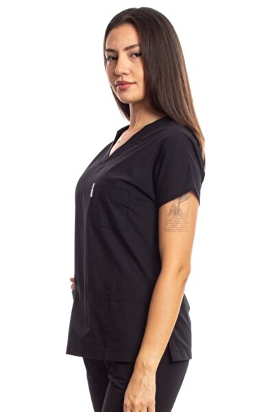 Simirna Üniforma Cerrahi Doktor Hemşire Scrubs Siyah Forma Tek Üst