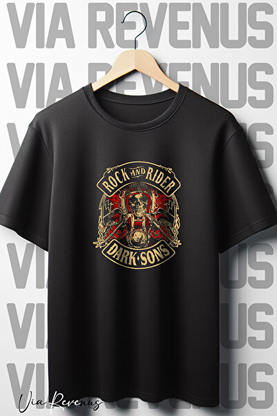 Vordevia Tricou negru cu imprimeu Rock And Rider Motorcu, supradimensionat, c...