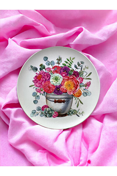 unique florya Pembe Çiçek Desenli Duvar Tabağı Dekoratif Bahçe Balkon Mutfak Salon Duvar Süsü No:84