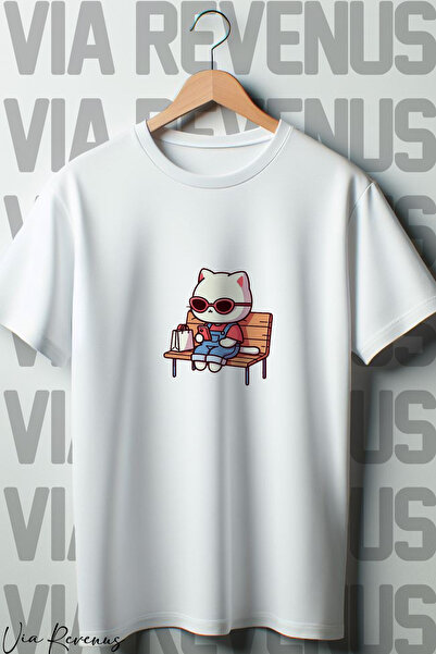 Vordevia Beli Oversize kroj T-shirt - Sedeći na klupi mačka Štampano