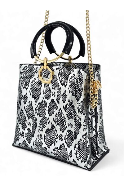 Evident Platin Yılan Desenli Halka Kulplu Zincirli El Ve Omuz Kadın Çantası