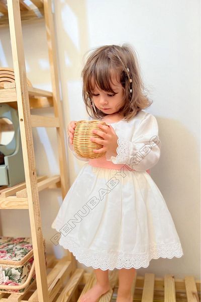 penu baby kids White Pink Bow Detailed Long Sleeve Baby Girl Dress