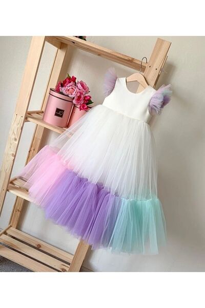 Mislina Girl's White Etsigi and Sleeve Colorful Tulle Detailed Design Dress
