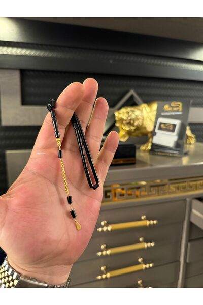Tesbih-i Hazır Tesbihçilik Bürokrat boy Siyah Kesme Ateş kehribar  Tesbih  Rolex 14 Ayar Altın Püskül Tesbih