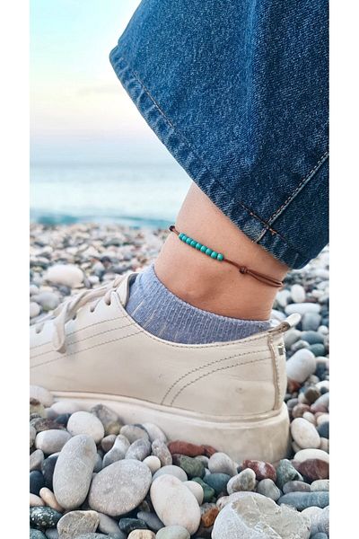 Atelier Çağla Natural Turquoise Stone Brown Rope Anklet