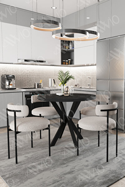 AVVİO Lonya Teddy Sandalye 90x90 Yuvarlak Yemek Masası Mutfak Masası 4 Kişili...