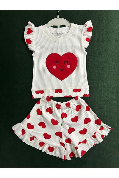 Limones White Cotton Combed Cotton - Frilly Sorted Heart Top and Bottom Set