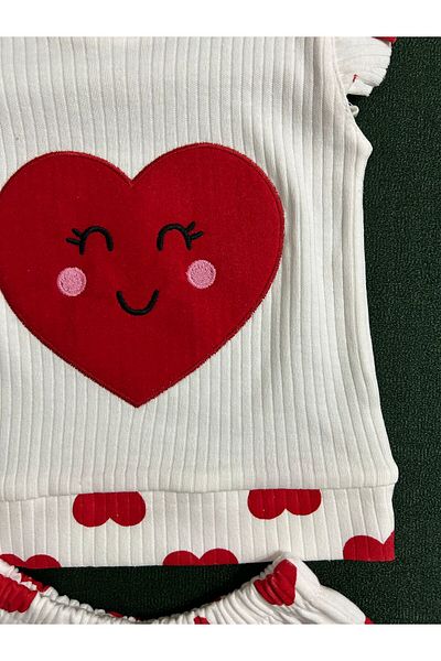 Limones White Cotton Combed Cotton - Frilly Sorted Heart Top and Bottom Set