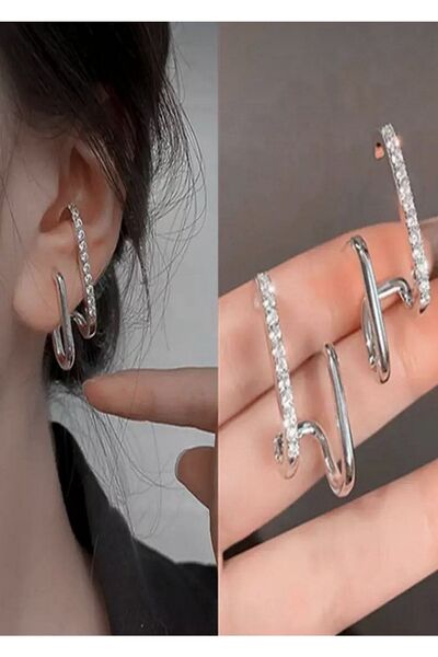 ringbox Gümüş Renkli Zirkon Taşlı İki Sıra Kadın Küpe