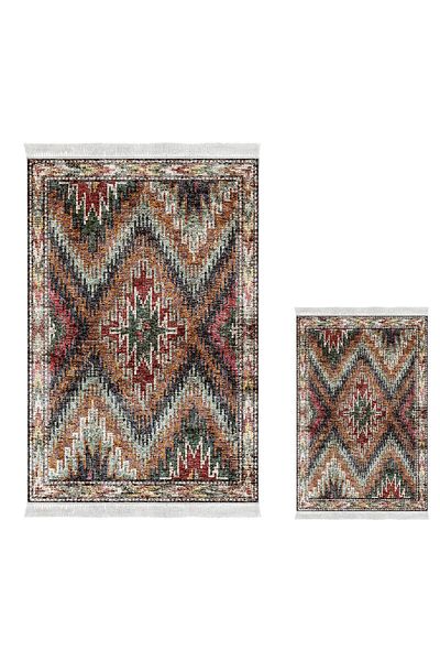 Dekoreko Digital 2-Piece Bath Mat Set Trend Felt Non-Slip Base Fringed Scandinavian Olwen Colorful