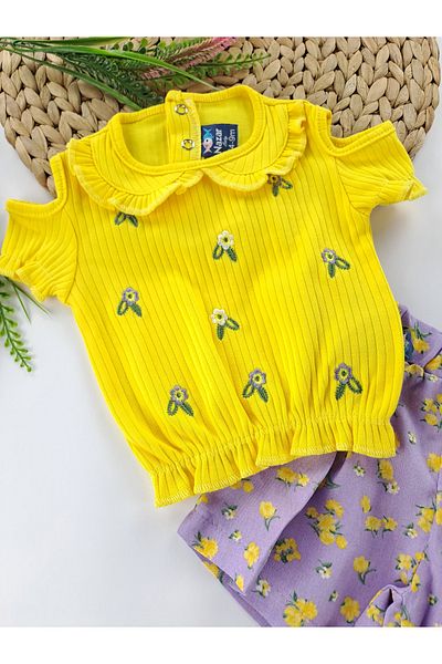 nazarbebe Purple Yellow Floral Embroidered Woven Shorts and T-Shirt Set for Girls