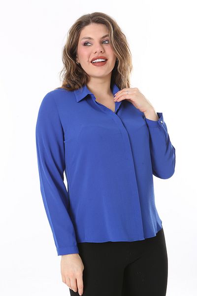 Şans Plus Size Saks Blouse - Hidden Placket and Front Button Detail 65N38019