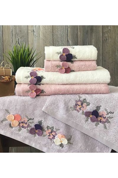 Altınbaşak 6 Pieces 50x90cm 3D Embroidered Dowry Bamboo Dress and Towel Set - Face Luxury (40% BAMBOO LIFE)