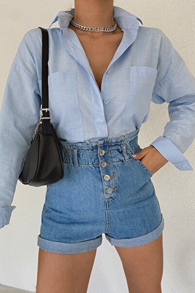 GALAVİP Kadın Açık Mavi Keten Gömlek Oversize