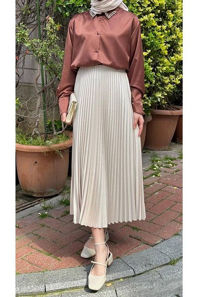 ALLMİRA FASHION Φούστα Hijab με πέτρινη λεπτή πλισέ δερμάτινη εμφάνιση