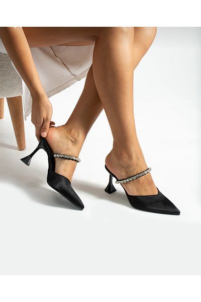 Mira 9cm Stone Black Satin - Pantofi cu toc cu vârf ascuțit