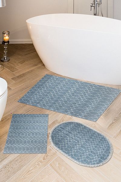 Dekoreko Non-Slip Base Djt 3-Piece Bathroom Mat Set Star Leather Mixed Oval Scandinavian F5084 Navy Blue