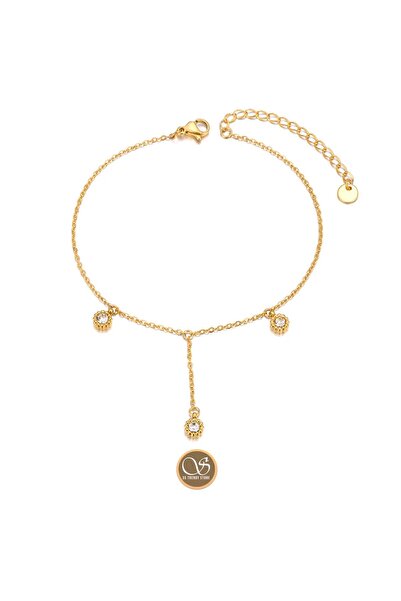 FASHİON JEWELRY Kristal Taş Sallantılı Altın Kaplama Trend Çelik Halhal (21+5 cm)