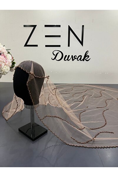 ZEN DUVAK Gelin Duvağı Kahverengi Nakışlı Kasnak Kristal Duvak
